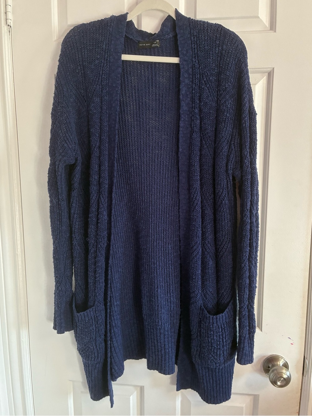 Verve Ami Navy Blue Open-Front Knit Cardigan with Pockets Large